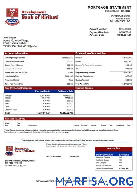 Realistic Kiribati Development Bank of Kiribati mortgage statement Word and PDF template